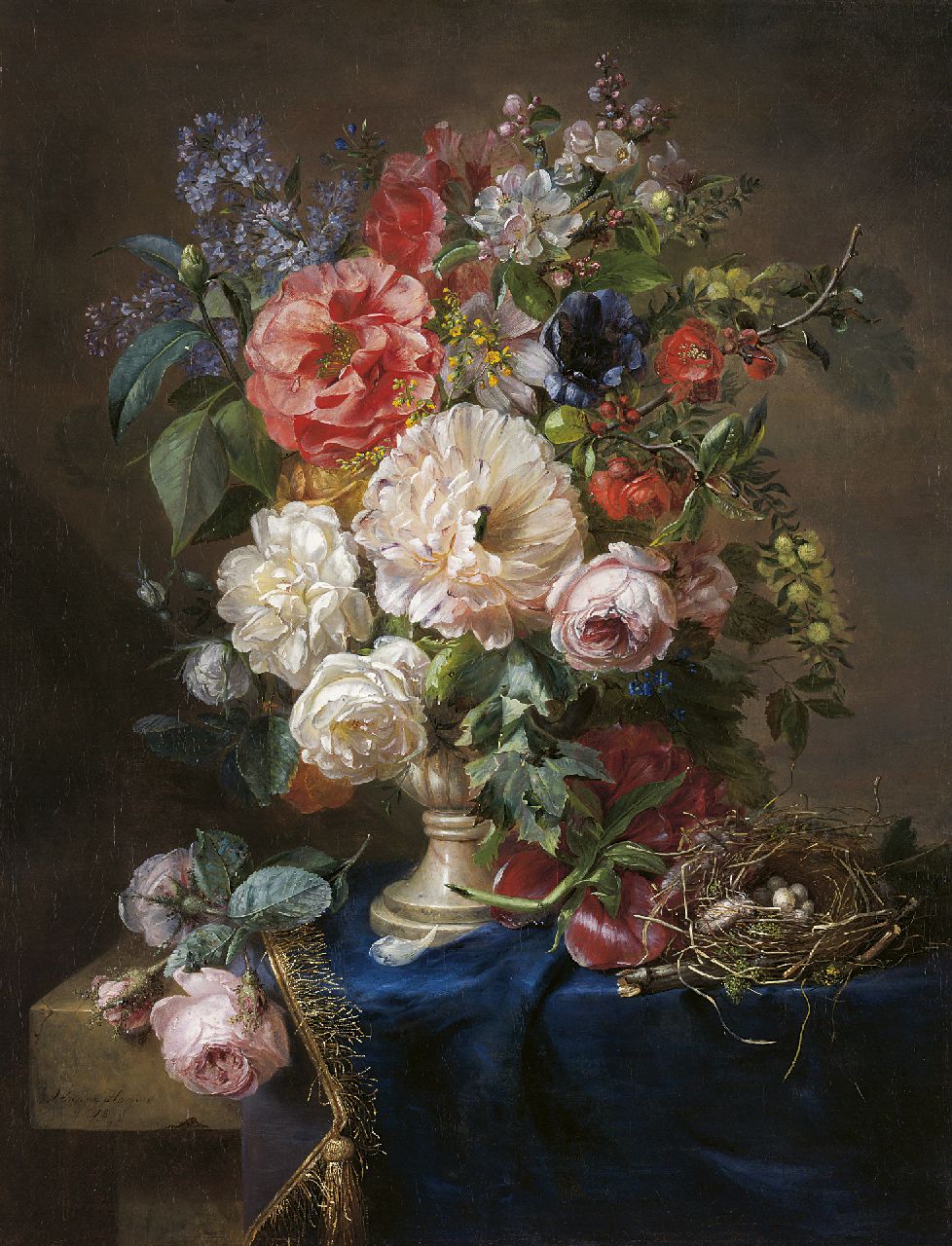 Haanen A.J.  | 'Adriana' Johanna Haanen, Bloemstilleven met rozen, sering en bloesem, en een vogelnestje, olieverf op doek 71,0 x 55,0 cm, gesigneerd linksonder en gedateerd 1848