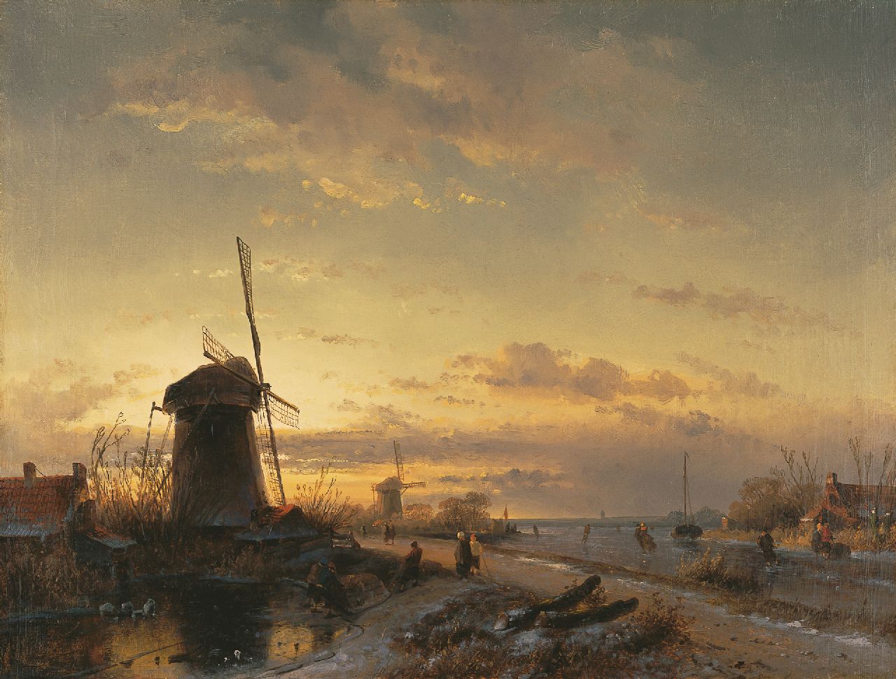 Leickert C.H.J. | 'Charles' Henri Joseph Leickert, Landschap met schaatsers bij zonsondergang, olieverf op doek 43,5 x 57,6 cm, gesigneerd linksonderresten van signatuur Leickert C.H.J. | 'Charles' Henri Joseph Leickert, Landschap met schaatsers bij zonsondergang, olieverf op doek 43,5 x 57,6 cm, gesigneerd linksonderresten van signatuur