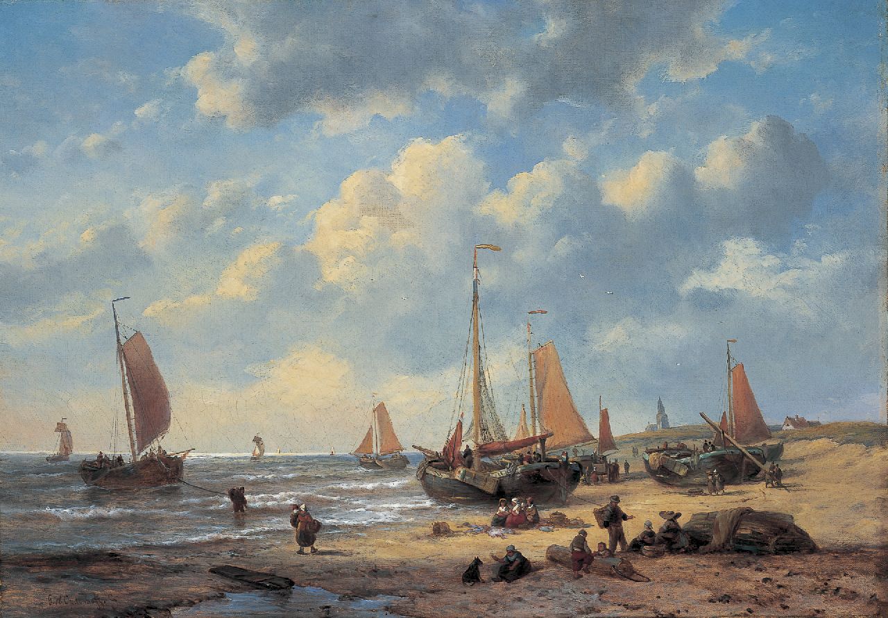Opdenhoff G.W. | Witzel 'George Willem' Opdenhoff, Bomschuiten op het strand van Scheveningen, olieverf op doek 48,0 x 68,5 cm, gesigneerd linksonder Opdenhoff G.W. | Witzel 'George Willem' Opdenhoff, Bomschuiten op het strand van Scheveningen, olieverf op doek 48,0 x 68,5 cm, gesigneerd linksonder