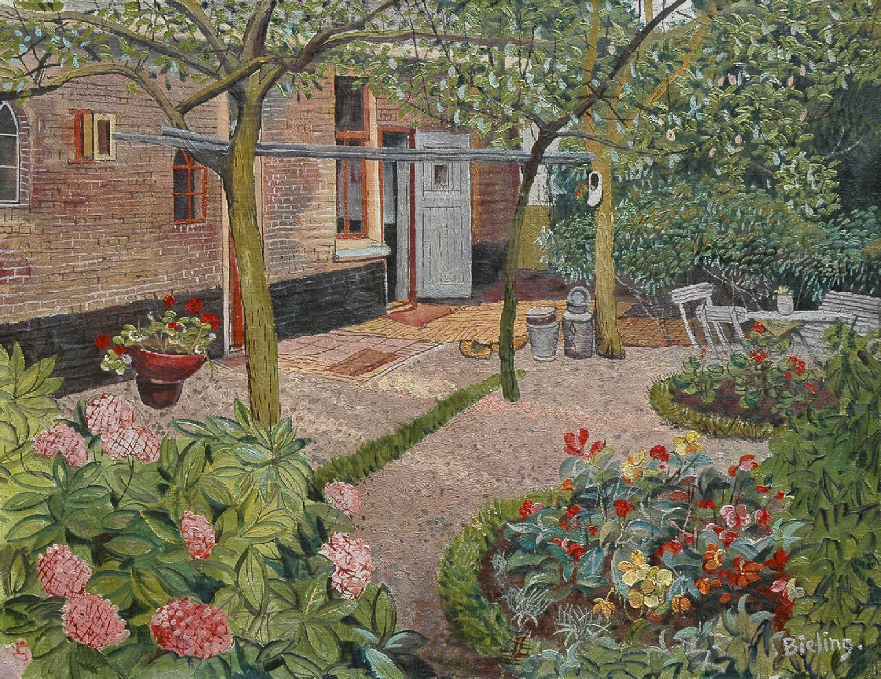 Bieling H.F.  | Hermann Friederich 'Herman' Bieling, Zonnige achtertuin, olieverf op doek 40,4 x 52,1 cm, gesigneerd rechtsonder