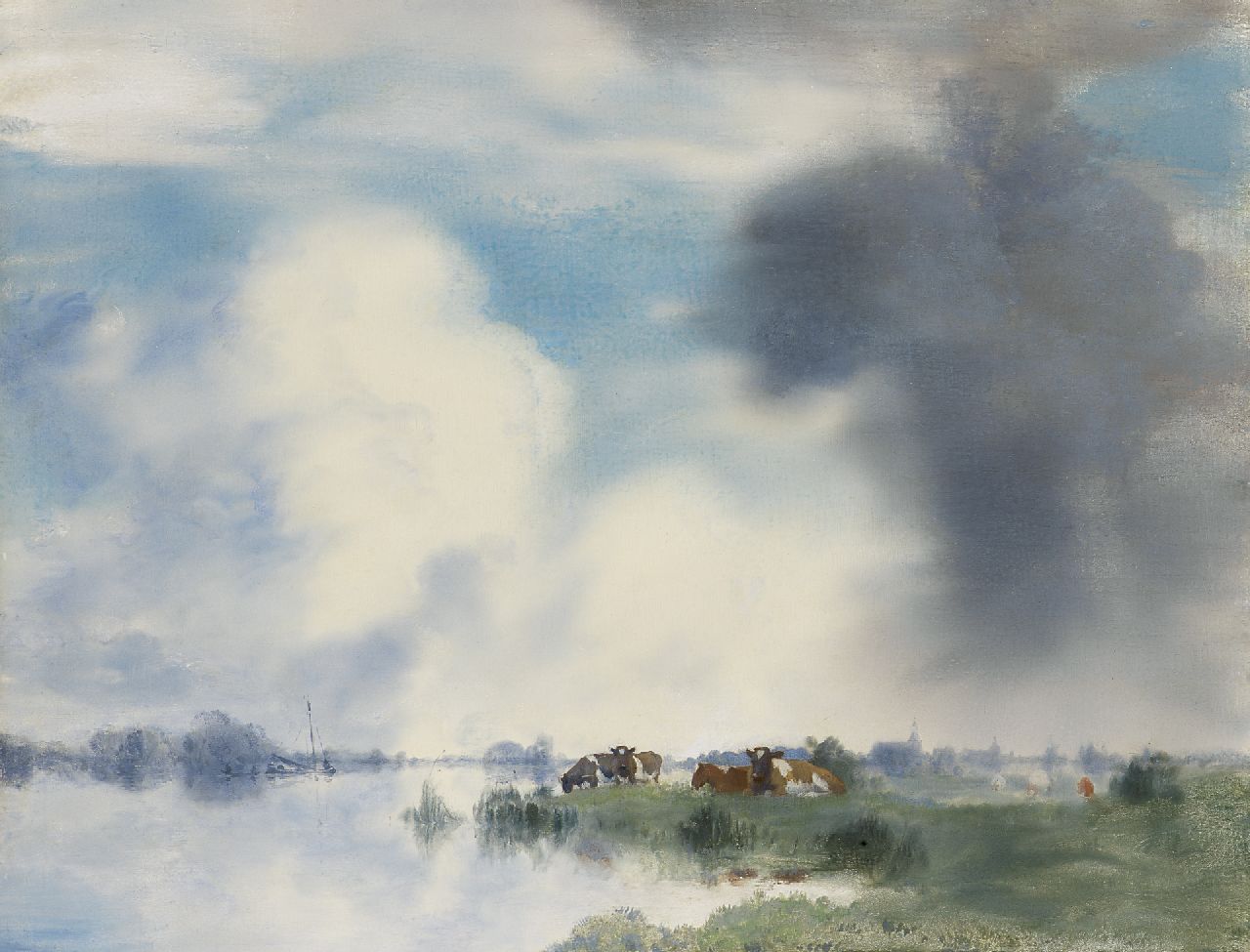Voerman sr. J. | Jan Voerman sr., Koeien langs de IJssel bij Hattem, olieverf op paneel 39,9 x 52,2 cm, gesigneerd rechtsonder (vaag) Voerman sr. J. | Jan Voerman sr., Koeien langs de IJssel bij Hattem, olieverf op paneel 39,9 x 52,2 cm, gesigneerd rechtsonder (vaag)