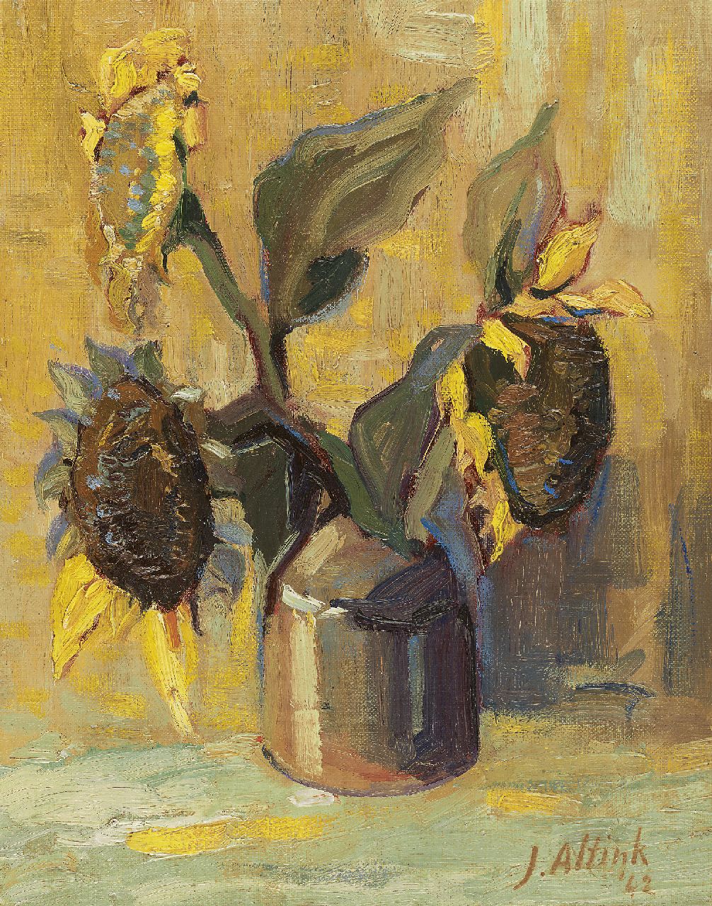 Altink J. | Jan Altink, Zonnebloemen, olieverf op doek op board 38,2 x 30,1 cm, gesigneerd rechtsonder en gedateerd '42 Altink J. | Jan Altink, Zonnebloemen, olieverf op doek op board 38,2 x 30,1 cm, gesigneerd rechtsonder en gedateerd '42