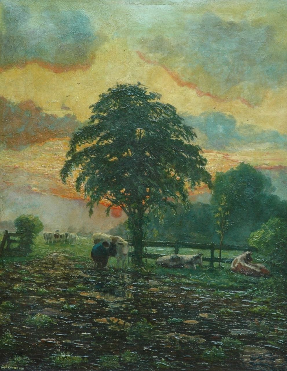 Herman Gouwe | Avondstemming, Limburg, olieverf op doek, 92,5 x 72,5 cm, gesigneerd l.o. en gedateerd 1911 Herman Gouwe | Avondstemming, Limburg, olieverf op doek, 92,5 x 72,5 cm, gesigneerd l.o. en gedateerd 1911