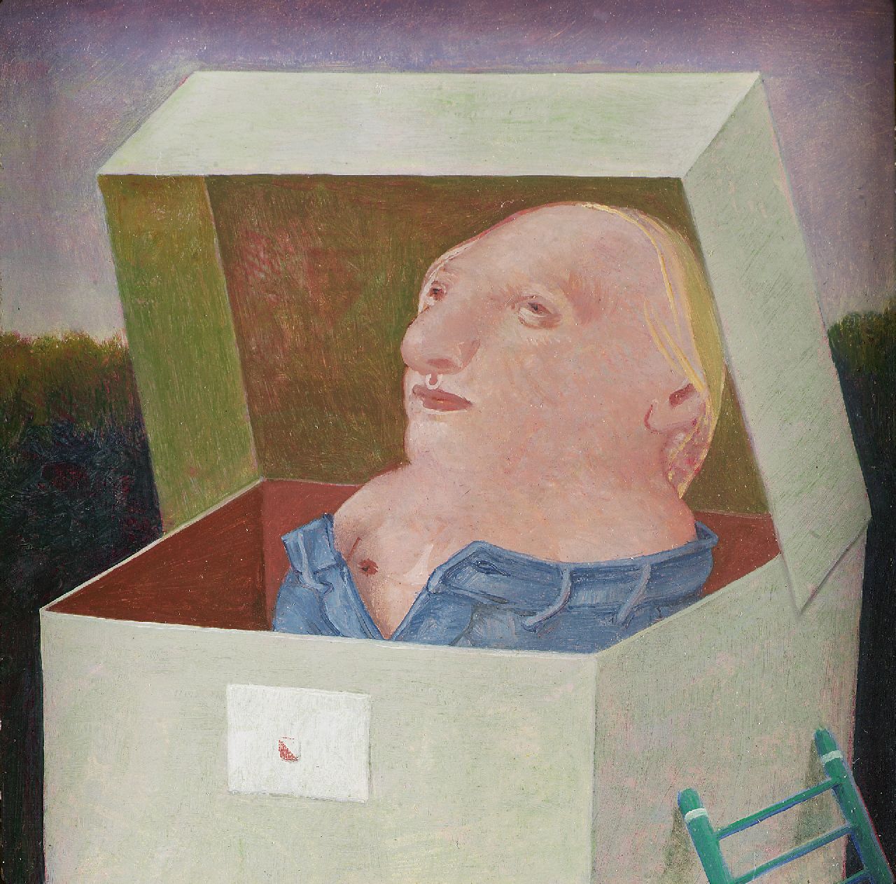 Poppel P.A.T. van | Petrus Antonius Theodorus 'Peter' van Poppel, Figuur in een doos, olieverf op papier op paneel 10,0 x 10,0 cm, gesigneerd verso en verso gedateerd 1972 Poppel P.A.T. van | Petrus Antonius Theodorus 'Peter' van Poppel, Figuur in een doos, olieverf op papier op paneel 10,0 x 10,0 cm, gesigneerd verso en verso gedateerd 1972