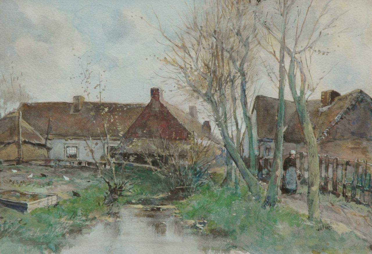 Nat W.H. van der | 'Willem' Hendrik van der Nat, Boerenhuizen bij een sloot, aquarel op papier 29,5 x 42,5 cm, gesigneerd rechtsonder Nat W.H. van der | 'Willem' Hendrik van der Nat, Boerenhuizen bij een sloot, aquarel op papier 29,5 x 42,5 cm, gesigneerd rechtsonder