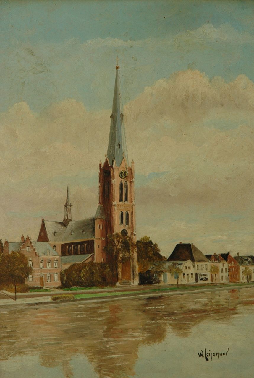 Leijenaar W.  | Leijenaar, Dorpskerk aan het water, olieverf op board 38,5 x 26,5 cm