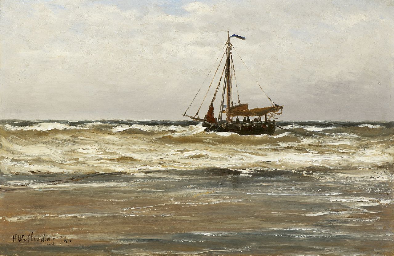 Mesdag H.W. | Hendrik Willem Mesdag, Scheveningse bomschuit voor anker, olieverf op paneel 26,0 x 39,5 cm, gesigneerd linksonder en gedateerd '74 Mesdag H.W. | Hendrik Willem Mesdag, Scheveningse bomschuit voor anker, olieverf op paneel 26,0 x 39,5 cm, gesigneerd linksonder en gedateerd '74