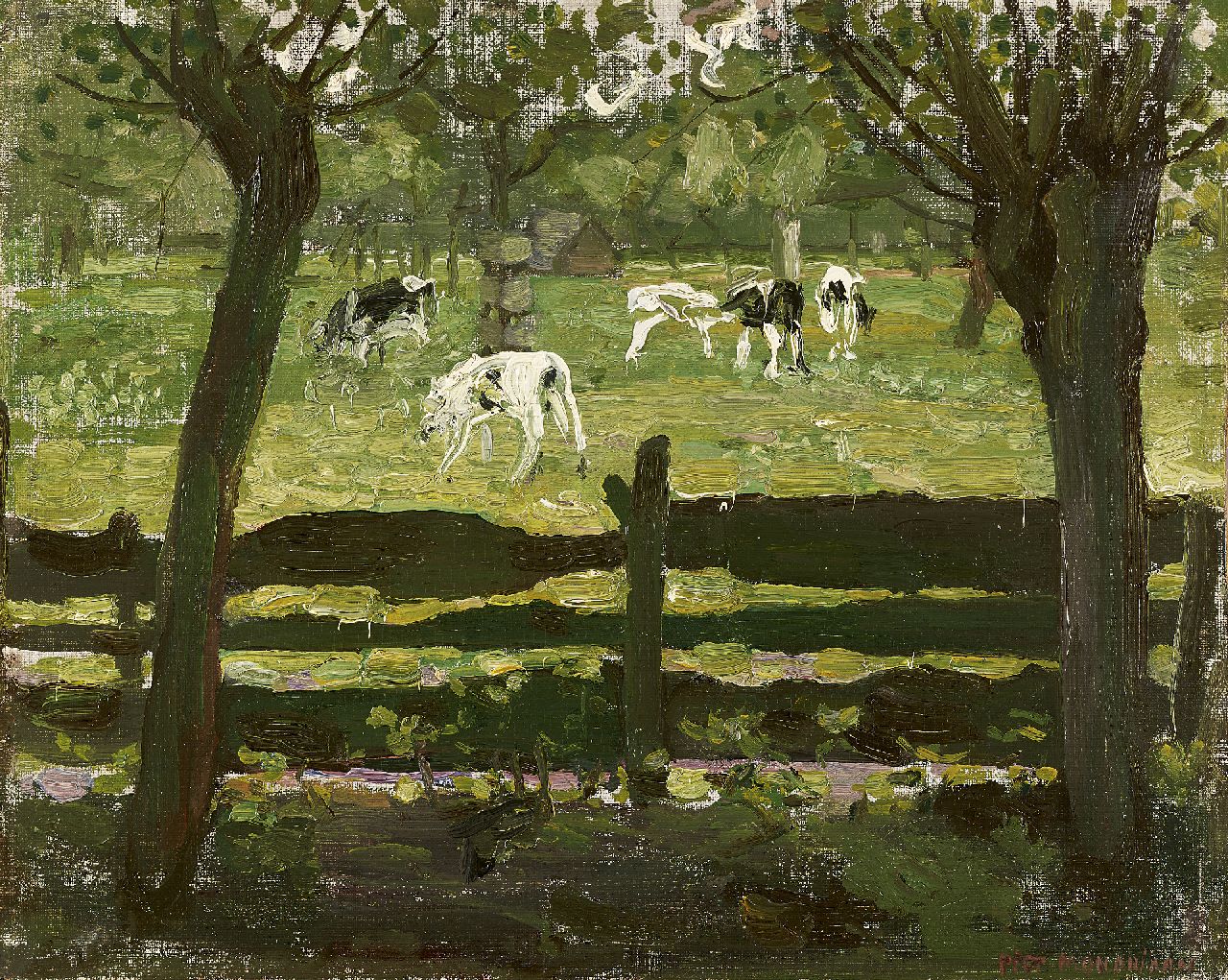 Mondriaan P.C.  | Pieter Cornelis 'Piet' Mondriaan, Kalfjes in de wei - 'het witte stierkalf', olieverf op doek op board 31,0 x 39,1 cm, gesigneerd rechtsonder en te dateren ca. 1905