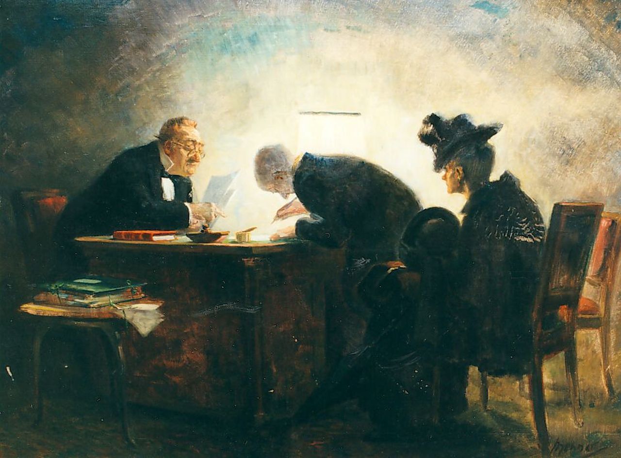Meeteren-Brouwer M.S.J. van | 'Menno' Simon Jacobus van Meeteren-Brouwer, Bij de notaris, olieverf op doek 55,5 x 75,2 cm, gesigneerd rechtsonder
