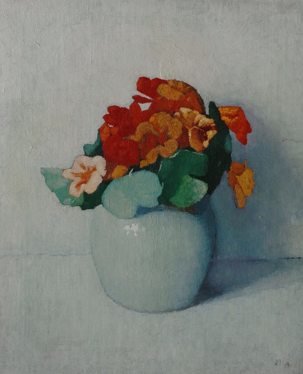 Adamse M. | Marinus Adamse, Oost-Indische kers in blauw potje, olieverf op doek 46,4 x 38,5 cm, gesigneerd rechtsonder met initialen Adamse M. | Marinus Adamse, Oost-Indische kers in blauw potje, olieverf op doek 46,4 x 38,5 cm, gesigneerd rechtsonder met initialen