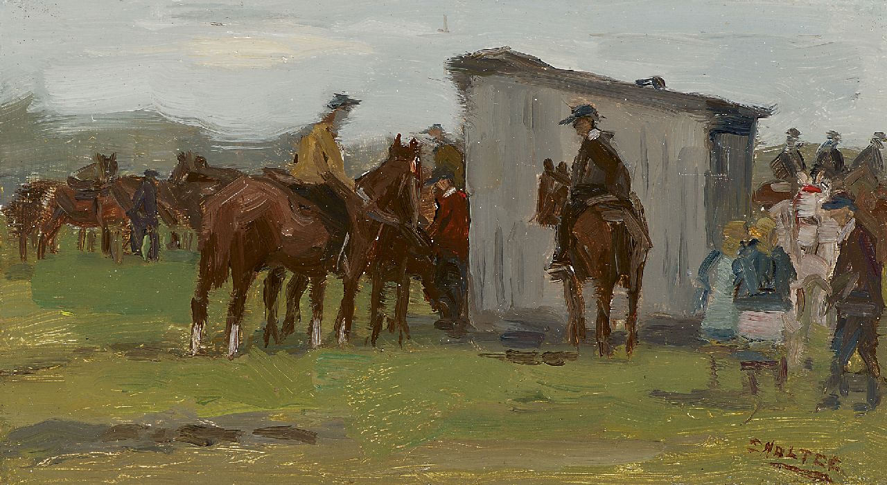 Noltee B.C. | Bernardus Cornelis 'Cor' Noltee, Concours hippique in de Windhondpolder, Dordrecht, olieverf op board 12,8 x 23,0 cm, gesigneerd rechtsonder Noltee B.C. | Bernardus Cornelis 'Cor' Noltee, Concours hippique in de Windhondpolder, Dordrecht, olieverf op board 12,8 x 23,0 cm, gesigneerd rechtsonder