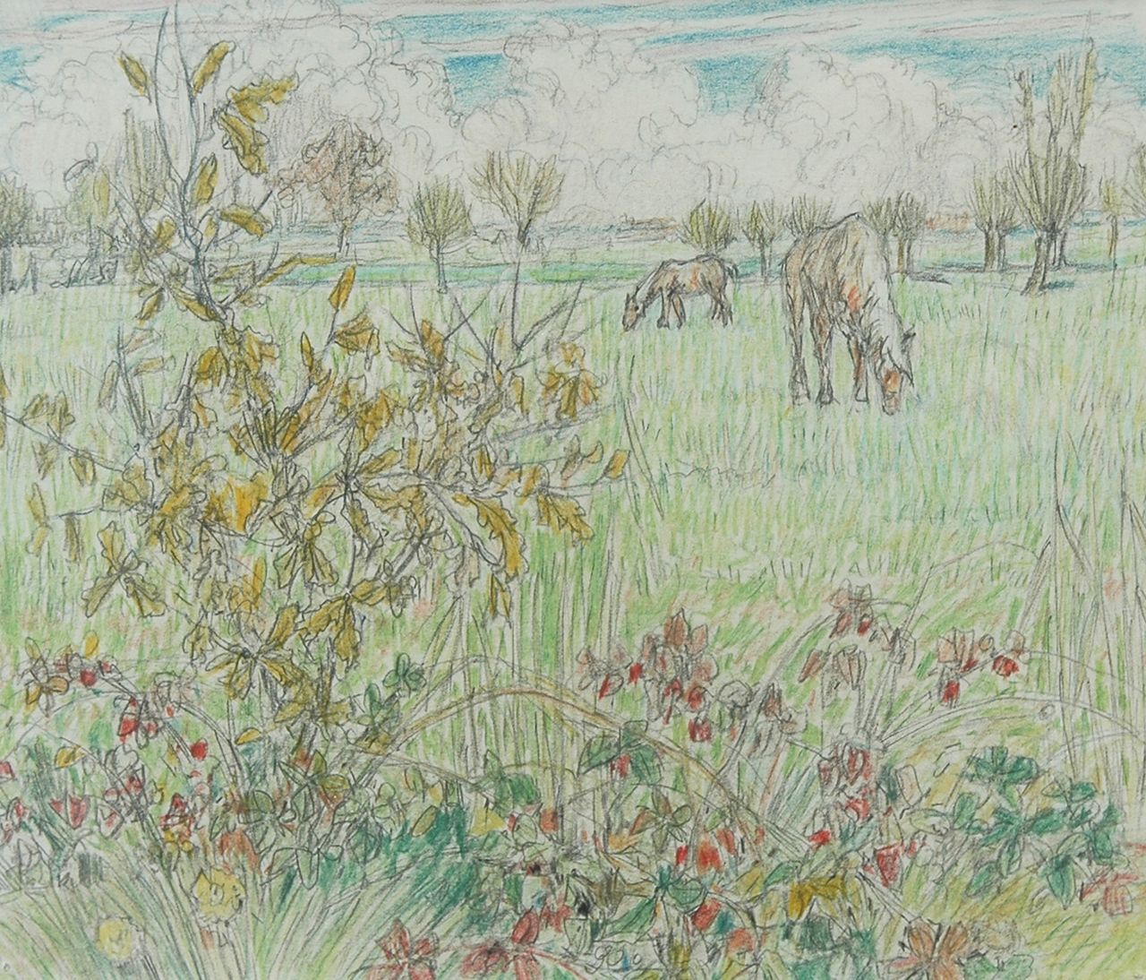 Kennedy R.W. | Reinier Willem Kennedy, Wei met paarden en bloemen, gekleurd krijt op papier 15,8 x 18,0 cm, te dateren na 1928 Kennedy R.W. | Reinier Willem Kennedy, Wei met paarden en bloemen, gekleurd krijt op papier 15,8 x 18,0 cm, te dateren na 1928