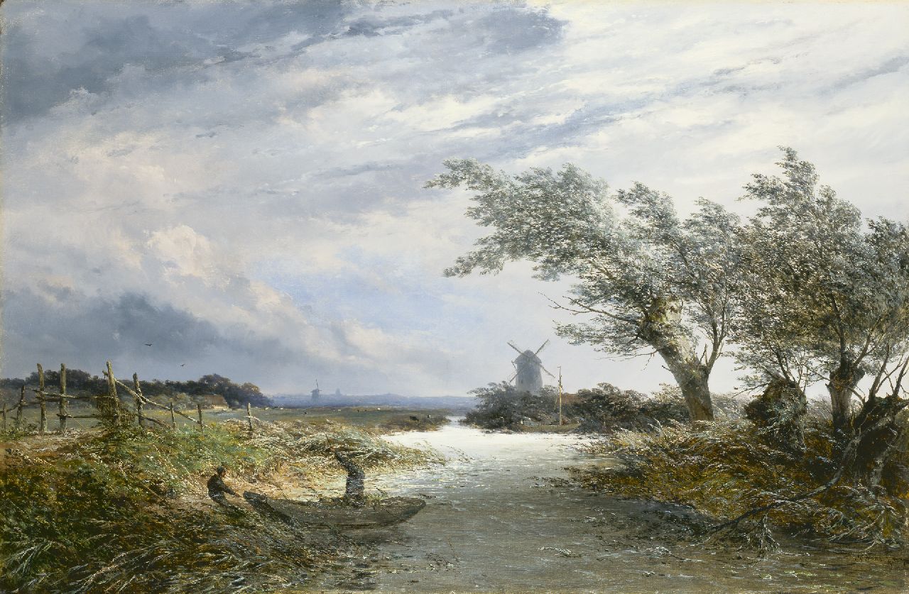 Hans J.G.  | Josephus Gerardus Hans, Landschap met knotwilgen en molen aan een sloot, olieverf op doek 71,7 x 109,7 cm, gesigneerd rechtsonder en gedateerd '70