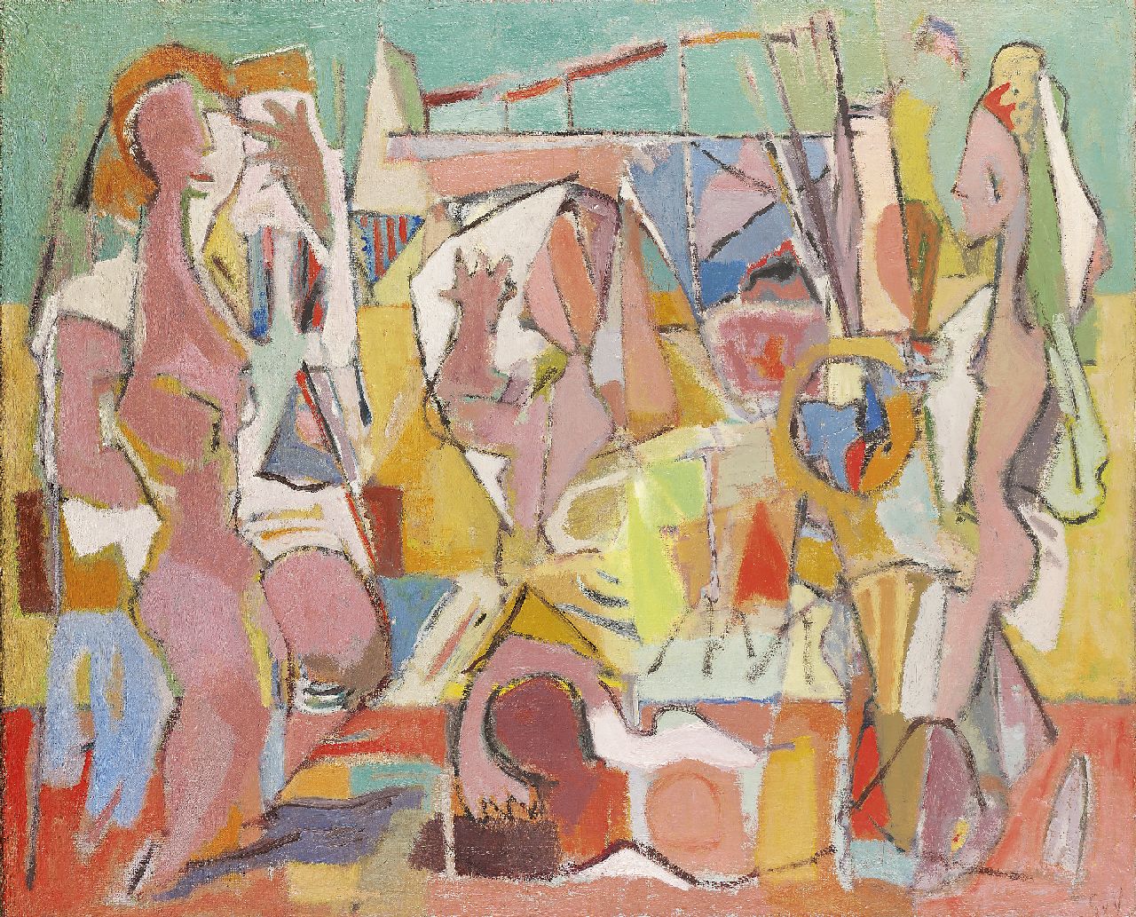 Velde G. van | Gerardus 'Geer' van Velde, Compositie: Aan het strand, olieverf op doek 81,7 x 99,3 cm, gesigneerd rechtsonder met initialen en te dateren ca. 1940