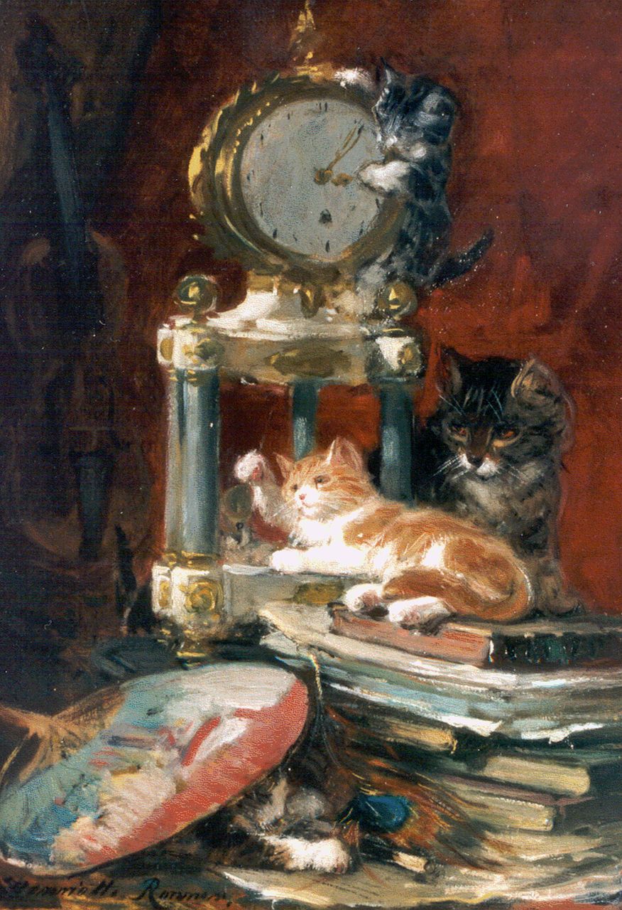 Ronner-Knip H. | Henriette Ronner-Knip, Spelende jonge katjes op tafel bij een klok, olieverf op doek op paneel 37,3 x 26,6 cm, gesigneerd linksonder Ronner-Knip H. | Henriette Ronner-Knip, Spelende jonge katjes op tafel bij een klok, olieverf op doek op paneel 37,3 x 26,6 cm, gesigneerd linksonder