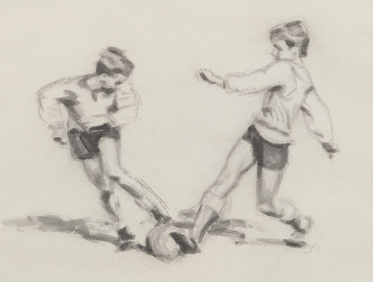 Kempers B.J.E. | Bernardus Johannes Everhardus Kempers | Aquarellen en tekeningen te koop aangeboden | Voetballer 3, houtskool en inkt op papier 38,0 x 48,0 cm, gesigneerd rechtsonder met monogram en jaren '50 Kempers B.J.E. | Bernardus Johannes Everhardus Kempers | Aquarellen en tekeningen te koop aangeboden | Voetballer 3, houtskool en inkt op papier 38,0 x 48,0 cm, gesigneerd rechtsonder met monogram en jaren '50