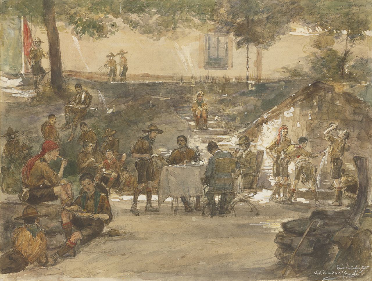 David Abraham Bueno de Mesquita | Padvinderskamp bij het Escorial, Spanje, zwart krijt en aquarel op papier, 47,5 x 63,0 cm, gesigneerd r.o. en gedateerd 'Escorial' Aug 1915