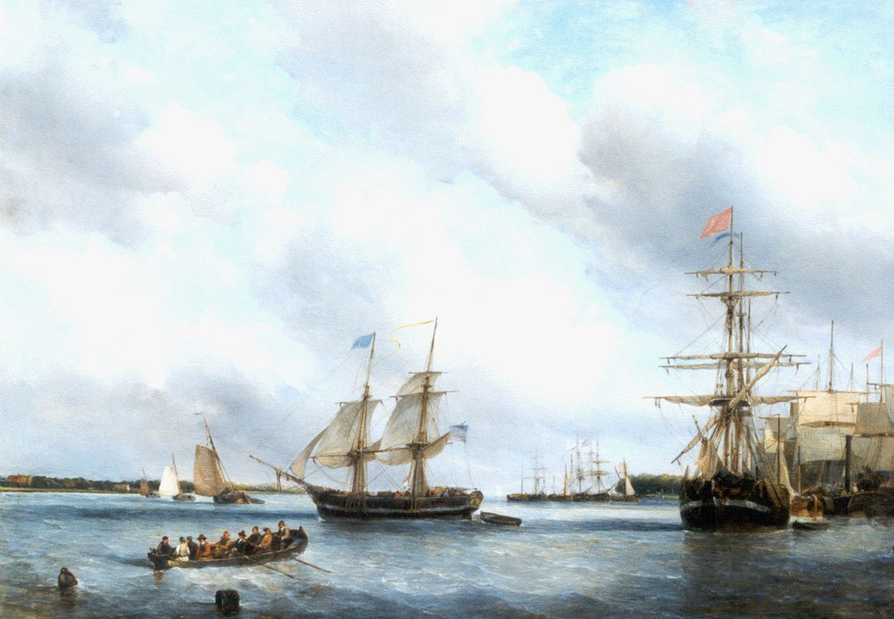 Waldorp A.  | Antonie Waldorp, Zeilboten op de Maas, olieverf op paneel 59,2 x 85,2 cm, gesigneerd linksonder
