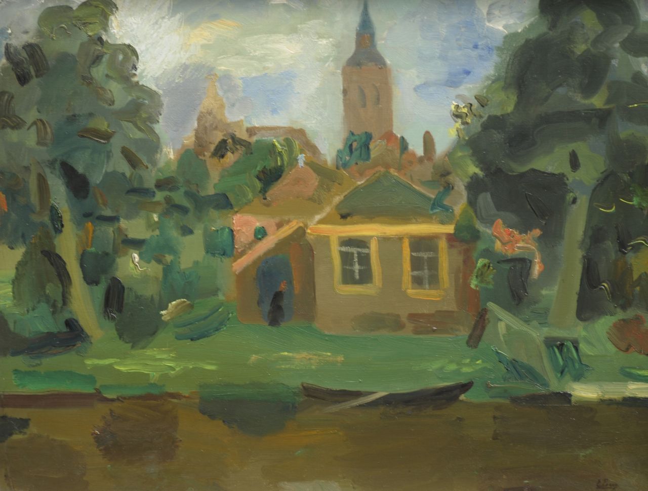Berg E. | Else Berg, Dorpsgezicht met kerktoren, olieverf op doek 66,2 x 85,0 cm, gesigneerd rechtsonder Berg E. | Else Berg, Dorpsgezicht met kerktoren, olieverf op doek 66,2 x 85,0 cm, gesigneerd rechtsonder