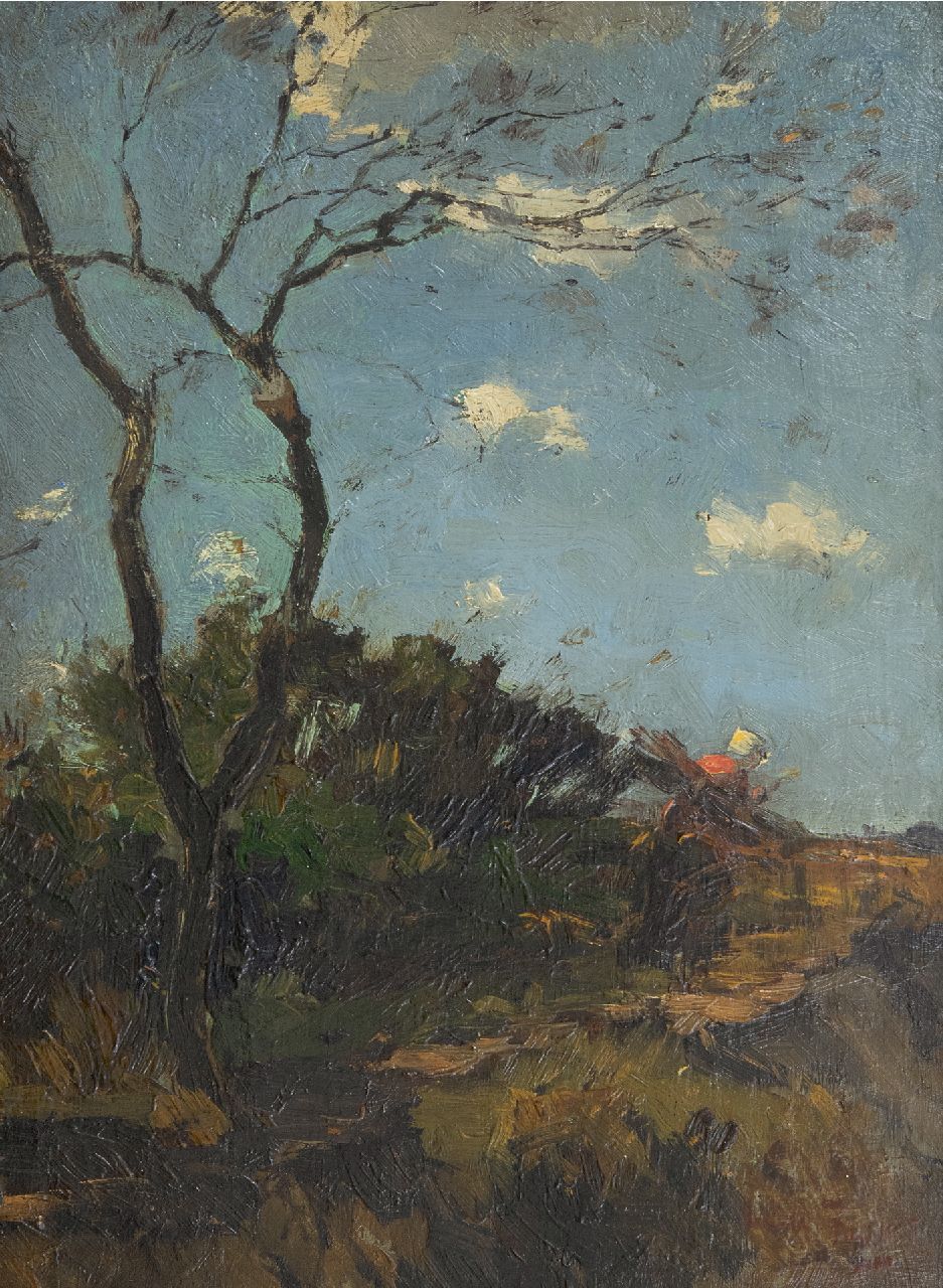 Zwart W.H.P.J. de | Wilhelmus Hendrikus Petrus Johannes 'Willem' de Zwart, De houtsprokkelaarster in de duinen, olieverf op paneel 32,0 x 24,1 cm, gesigneerd rechtsonder Zwart W.H.P.J. de | Wilhelmus Hendrikus Petrus Johannes 'Willem' de Zwart, De houtsprokkelaarster in de duinen, olieverf op paneel 32,0 x 24,1 cm, gesigneerd rechtsonder
