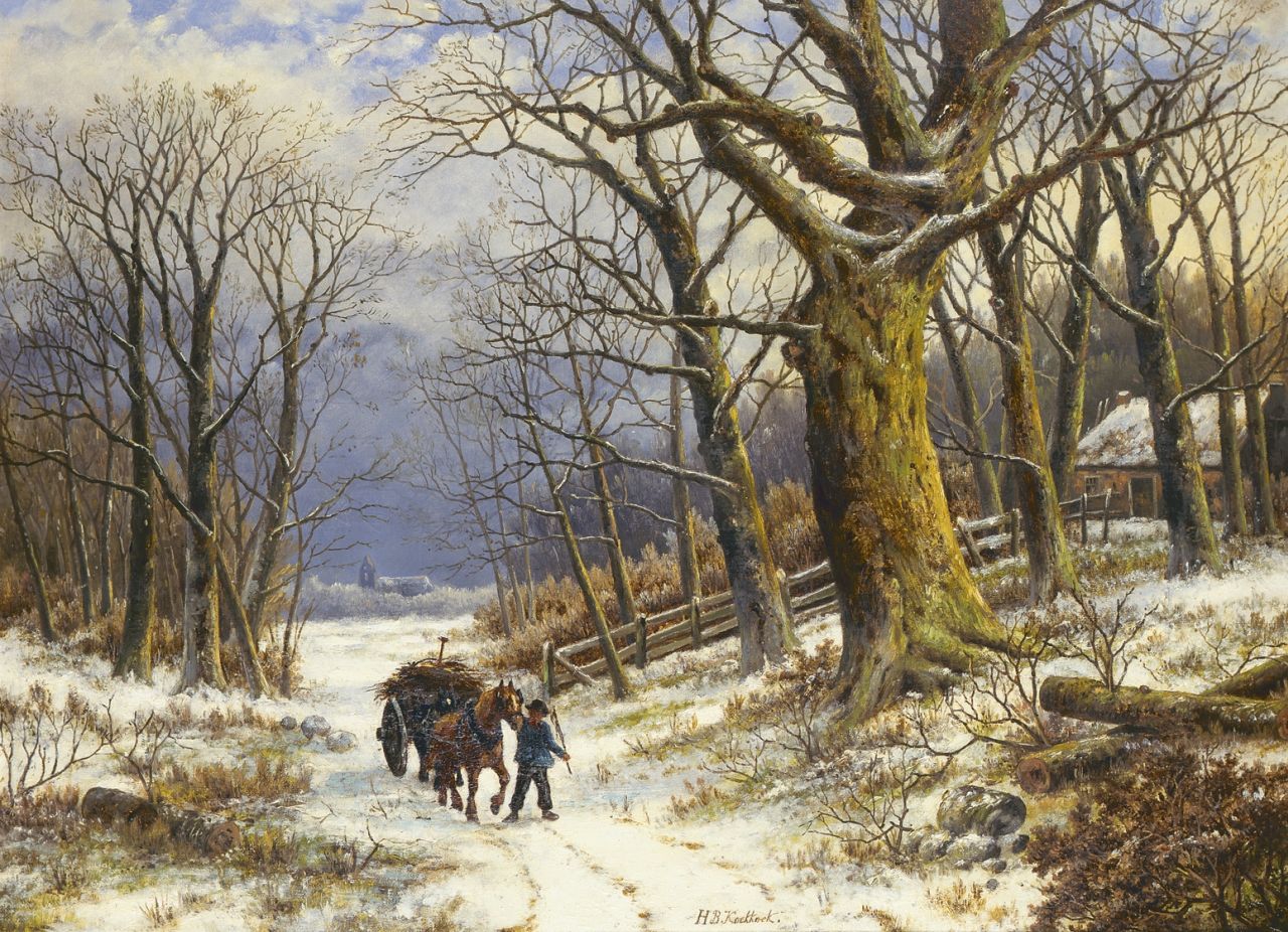 Koekkoek B.H.  | Barend Hendrik 'H.B.' Koekkoek, Houtsprokkelaar in besneeuwd boslandschap, olieverf op doek 61,0 x 81,3 cm, gesigneerd links van het midden en gedateerd 1865