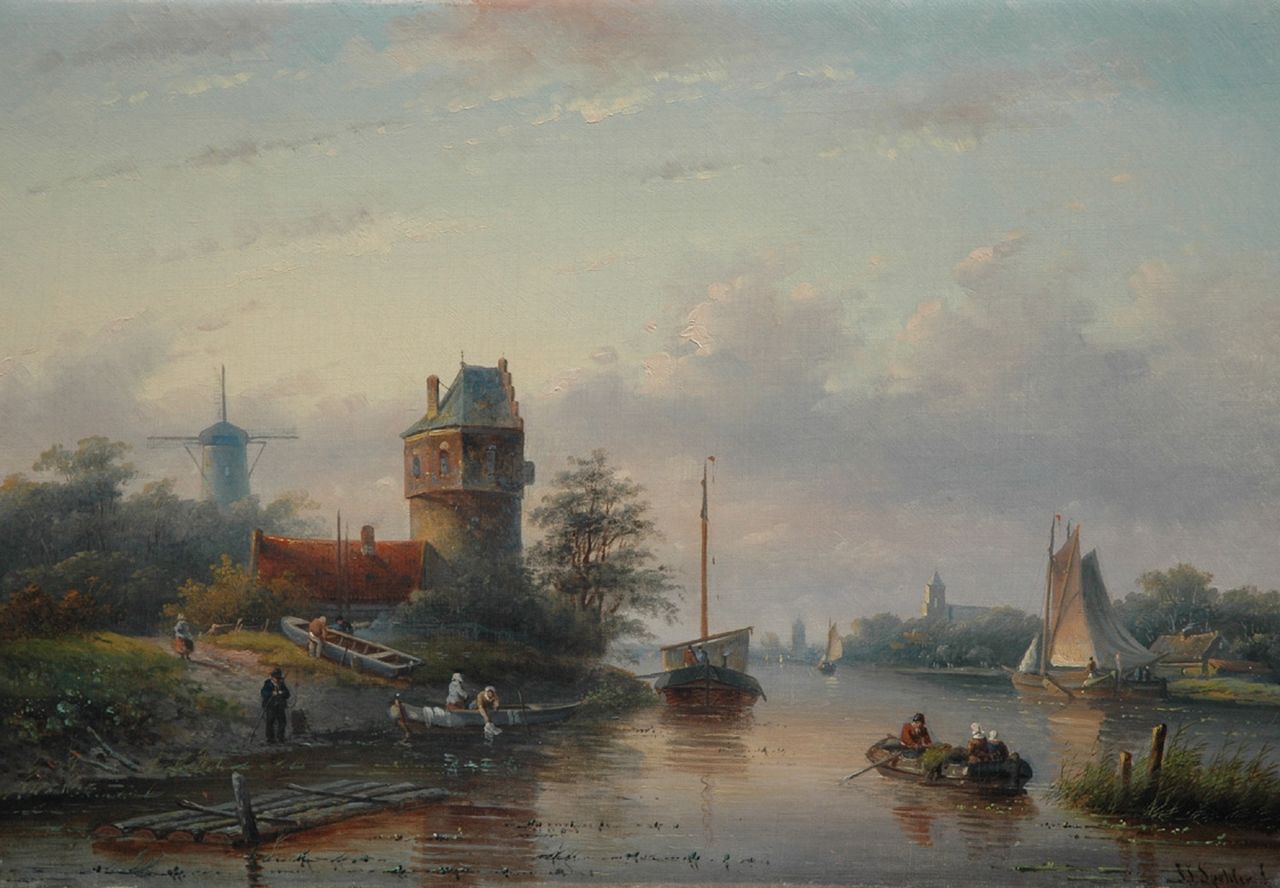 Spohler J.J.  | Jan Jacob Spohler, Zomers rivierlandschap met zeilschepen en een veer (alleen tezamen met 12075), olieverf op doek 38,3 x 55,5 cm, gesigneerd rechtsonder