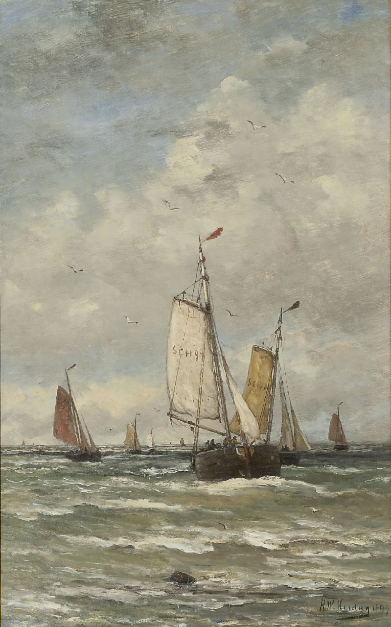 Mesdag H.W. | Hendrik Willem Mesdag, Bomschuiten op zee, olieverf op doek 78,2 x 48,2 cm, gesigneerd rechtsonder en gedateerd 1899 Mesdag H.W. | Hendrik Willem Mesdag, Bomschuiten op zee, olieverf op doek 78,2 x 48,2 cm, gesigneerd rechtsonder en gedateerd 1899