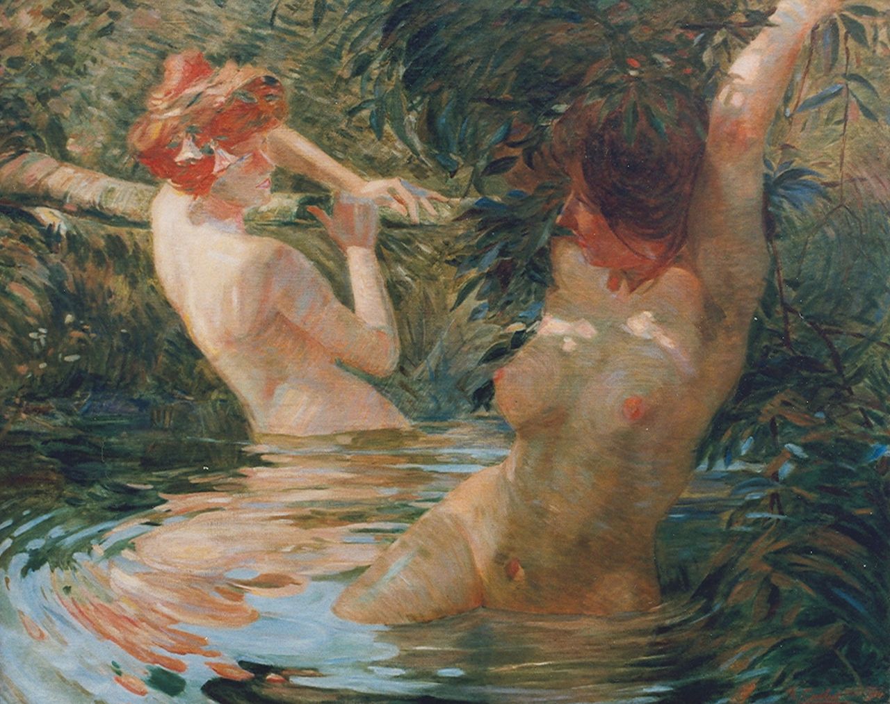 Calbet A. | Antoine Calbet, Twee baadsters in een bosvijver, olieverf op doek 80,7 x 100,0 cm, gesigneerd rechtsonder en gedateerd 1914 Calbet A. | Antoine Calbet, Twee baadsters in een bosvijver, olieverf op doek 80,7 x 100,0 cm, gesigneerd rechtsonder en gedateerd 1914