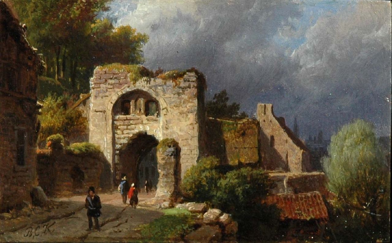 Koekkoek B.C.  | Barend Cornelis Koekkoek, Landvolk bij de resten van een stadspoort, olieverf op koper 5,7 x 9,1 cm, gesigneerd linksonder met initialen en te dateren ca. 1845-1849