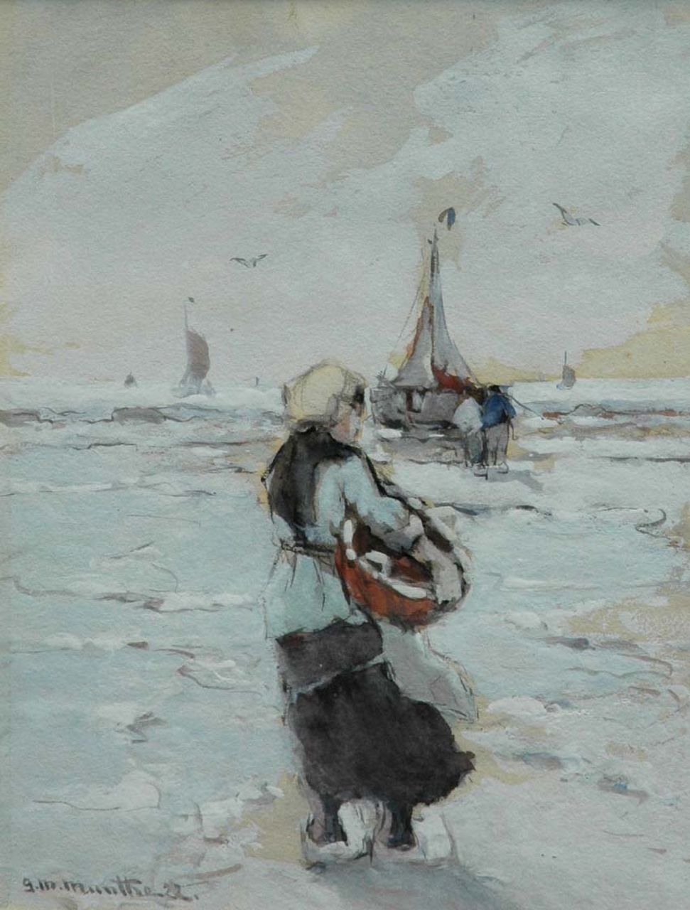 Munthe G.A.L.  | Gerhard Arij Ludwig 'Morgenstjerne' Munthe, Wachten op de vangst, aquarel op papier 29,3 x 23,0 cm, gesigneerd linksonder en gedateerd '22
