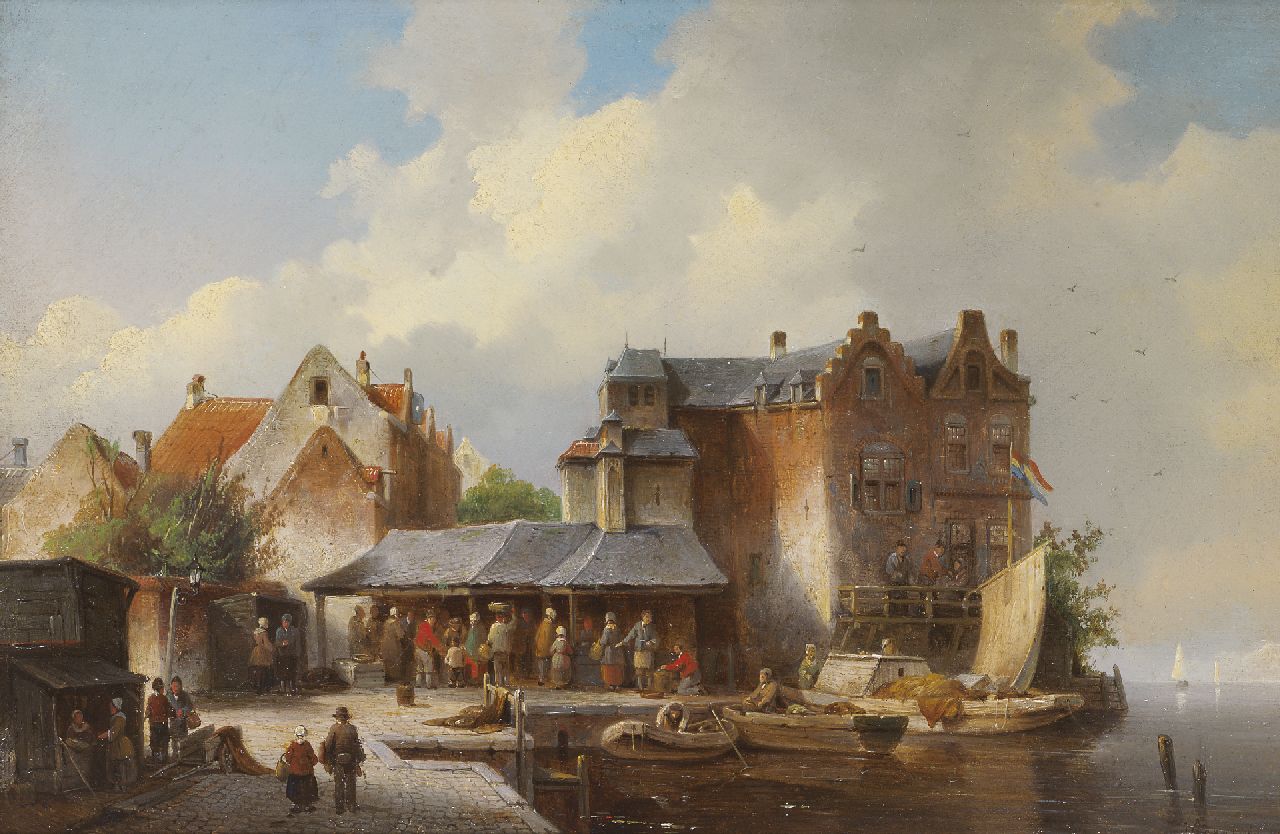 Carabain J.F.J. | 'Jacques' François Joseph Carabain, Vismarkt in een Hollands havenstadje, olieverf op paneel 22,2 x 33,1 cm, gesigneerd rechtsonder Carabain J.F.J. | 'Jacques' François Joseph Carabain, Vismarkt in een Hollands havenstadje, olieverf op paneel 22,2 x 33,1 cm, gesigneerd rechtsonder