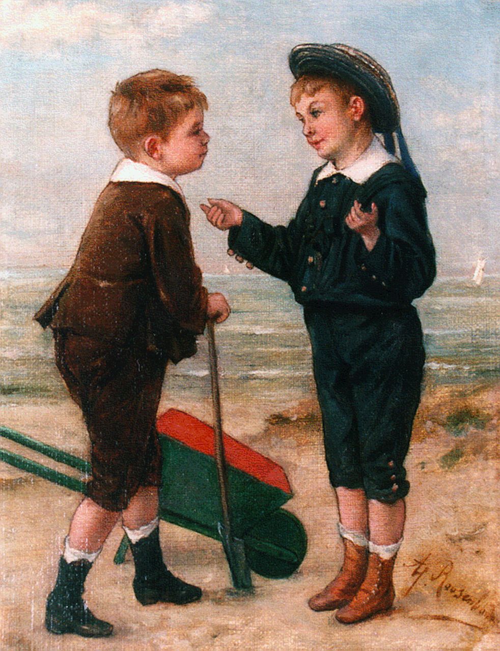 Roosenboom A. | Albert Roosenboom, Twee vriendjes met kruiwagen aan het strand, olieverf op doek 24,5 x 19,2 cm, gesigneerd rechtsonder Roosenboom A. | Albert Roosenboom, Twee vriendjes met kruiwagen aan het strand, olieverf op doek 24,5 x 19,2 cm, gesigneerd rechtsonder