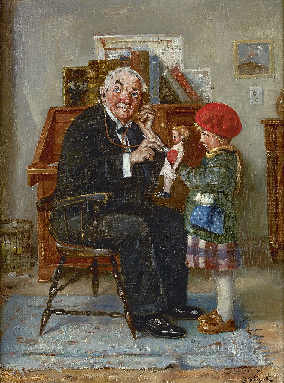 Schreuder van de Coolwijk J.H.W.M. | 'Jan' Hendrik Willem Maurits Schreuder van de Coolwijk, Bij de poppendokter, olieverf op doek 40,5 x 30,3 cm, gesigneerd rechtsonder Schreuder van de Coolwijk J.H.W.M. | 'Jan' Hendrik Willem Maurits Schreuder van de Coolwijk, Bij de poppendokter, olieverf op doek 40,5 x 30,3 cm, gesigneerd rechtsonder