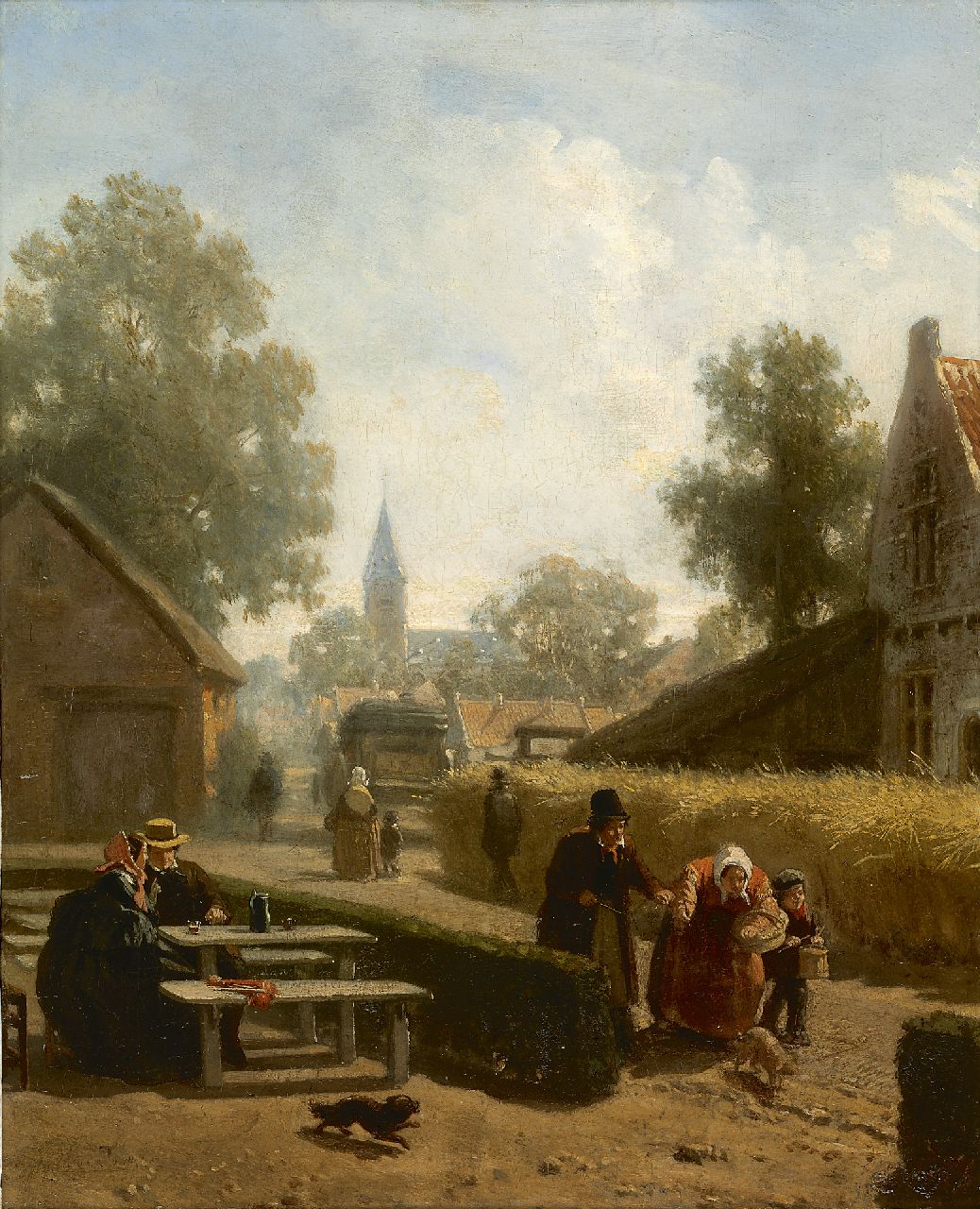 Hoevenaar sr. C.W. | Cornelis Willem Hoevenaar sr., Zomermiddagvermaak in een dorpje, olieverf op paneel 34,8 x 28,5 cm, gesigneerd linksonder (vaag) Hoevenaar sr. C.W. | Cornelis Willem Hoevenaar sr., Zomermiddagvermaak in een dorpje, olieverf op paneel 34,8 x 28,5 cm, gesigneerd linksonder (vaag)