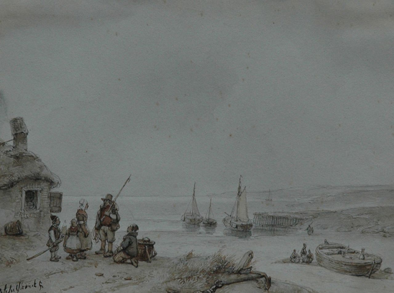 Schelfhout A. | Andreas Schelfhout, Vissersfamilie bij het strand, Frankrijk, pen, bruine inkt en aquarel op papier 18,1 x 24,7 cm, gesigneerd linksonder Schelfhout A. | Andreas Schelfhout, Vissersfamilie bij het strand, Frankrijk, pen, bruine inkt en aquarel op papier 18,1 x 24,7 cm, gesigneerd linksonder