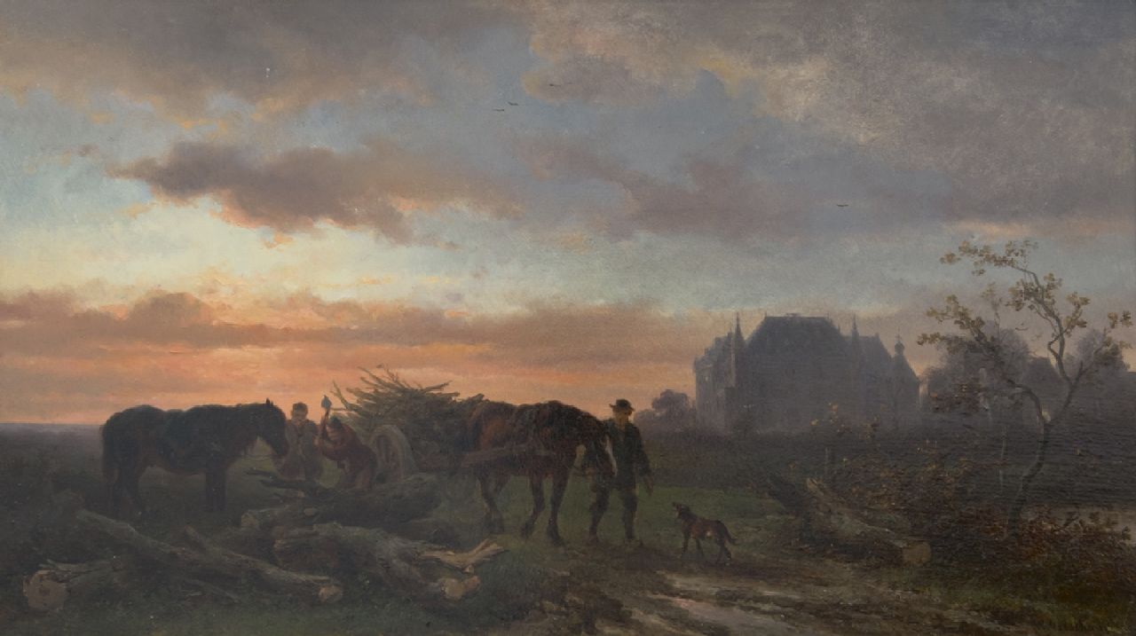 Verschuur W. | Wouterus Verschuur, Avondlandschap met houthakkers en hun paarden, olieverf op paneel 26,2 x 46,0 cm, gesigneerd rechtsonder Verschuur W. | Wouterus Verschuur, Avondlandschap met houthakkers en hun paarden, olieverf op paneel 26,2 x 46,0 cm, gesigneerd rechtsonder