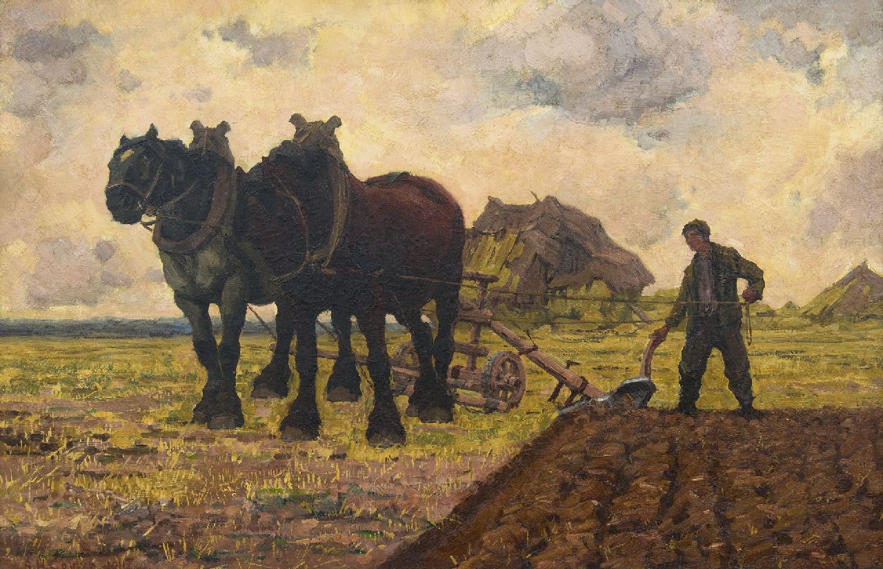 Gouwe A.H. | Adriaan Herman Gouwe, Ploegende paarden, olieverf op doek 65,8 x 100,6 cm, gesigneerd linksonder en gedateerd 1911 Gouwe A.H. | Adriaan Herman Gouwe, Ploegende paarden, olieverf op doek 65,8 x 100,6 cm, gesigneerd linksonder en gedateerd 1911