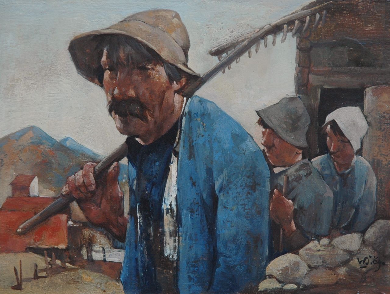 Berg W.H. van den | 'Willem' Hendrik van den Berg, Boeren in Scharans, olieverf op board 16,1 x 21,0 cm, gesigneerd rechtsonder met monogram en gedateerd '69