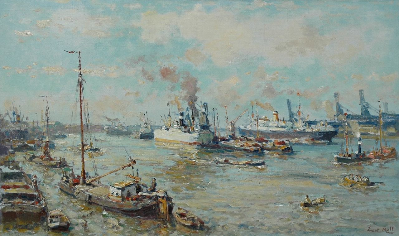 Moll E. | Evert Moll, Oceaanstomer op de Nieuwe Maas bij Rotterdam, olieverf op doek 60,2 x 100,3 cm, gesigneerd rechtsonder Moll E. | Evert Moll, Oceaanstomer op de Nieuwe Maas bij Rotterdam, olieverf op doek 60,2 x 100,3 cm, gesigneerd rechtsonder