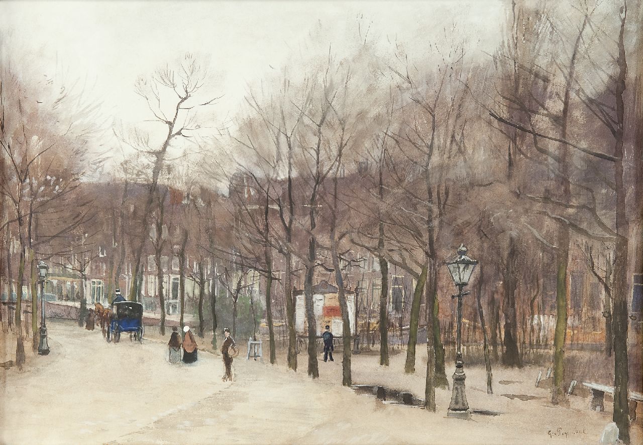Poggenbeek G.J.H.  | George Jan Hendrik 'Geo' Poggenbeek, Amsterdams straatgezicht met figuren, koets en een nieuwsbord, aquarel op papier 40,3 x 57,4 cm, gesigneerd rechtsonder