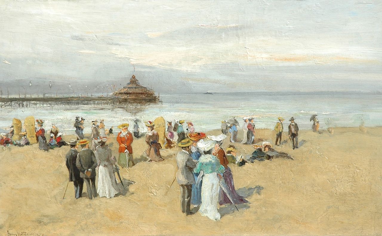 Helfferich F.W. | Franciscus Willem 'Frans' Helfferich, Flaneren op het strand van Scheveningen, olieverf op paneel 24,9 x 40,1 cm, gesigneerd linksonder en gedateerd '09 Helfferich F.W. | Franciscus Willem 'Frans' Helfferich, Flaneren op het strand van Scheveningen, olieverf op paneel 24,9 x 40,1 cm, gesigneerd linksonder en gedateerd '09