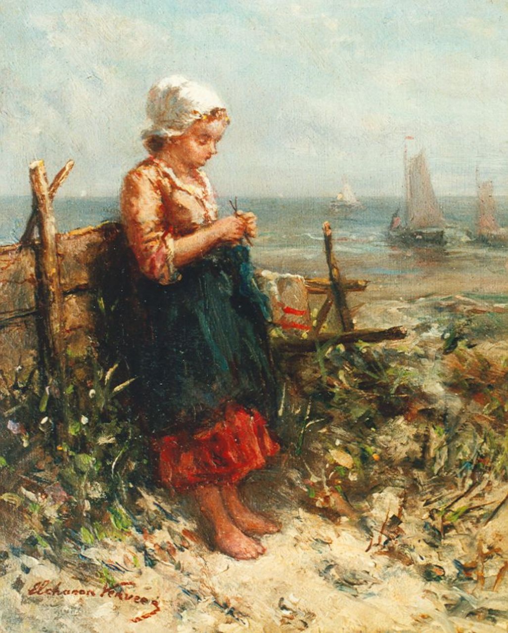 Verveer E.L.  | 'Elchanon' Leonardus Verveer, Vissersmeisje, breiend op een duintop, olieverf op paneel 11,2 x 9,0 cm, gesigneerd linksonder