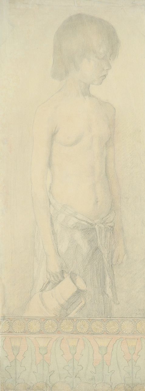 Bruinier J.M. | Jeanne Marie 'Sanne' Bruinier, Jonge kruikdraagster, potlood, kleurpotlood en krijt op papier 64,5 x 24,7 cm, gesigneerd rechtsonder met initialen en gedateerd juli '98 Bruinier J.M. | Jeanne Marie 'Sanne' Bruinier, Jonge kruikdraagster, potlood, kleurpotlood en krijt op papier 64,5 x 24,7 cm, gesigneerd rechtsonder met initialen en gedateerd juli '98