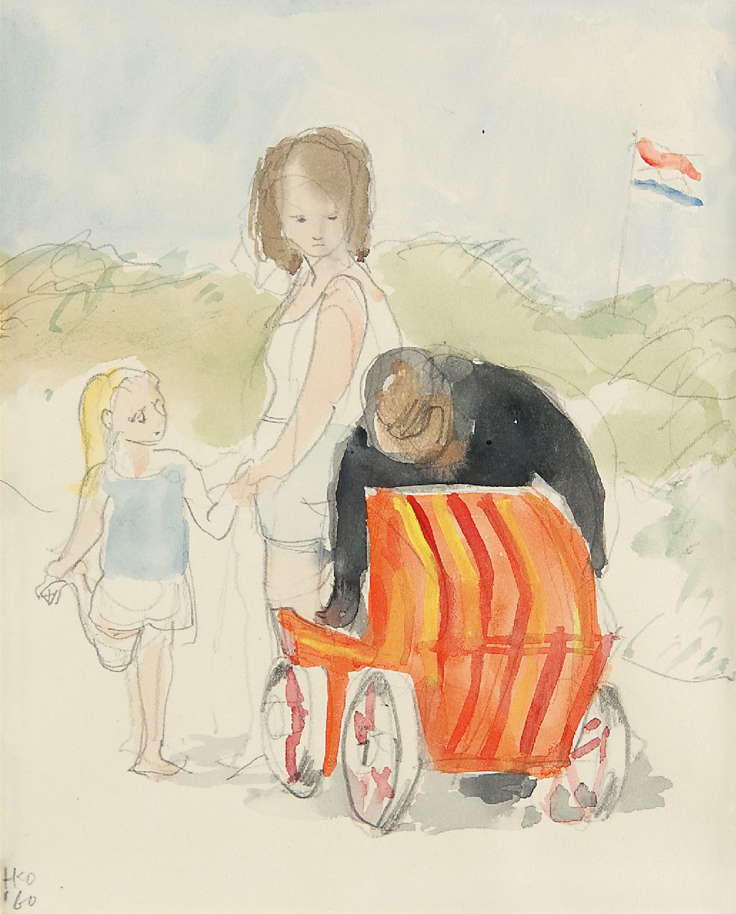 Kamerlingh Onnes H.H.  | 'Harm' Henrick Kamerlingh Onnes | Aquarellen en tekeningen te koop aangeboden | Familie op Terschelling, potlood en aquarel op papier 18,8 x 16,2 cm, gesigneerd linksonder met monogram en gedateerd '60