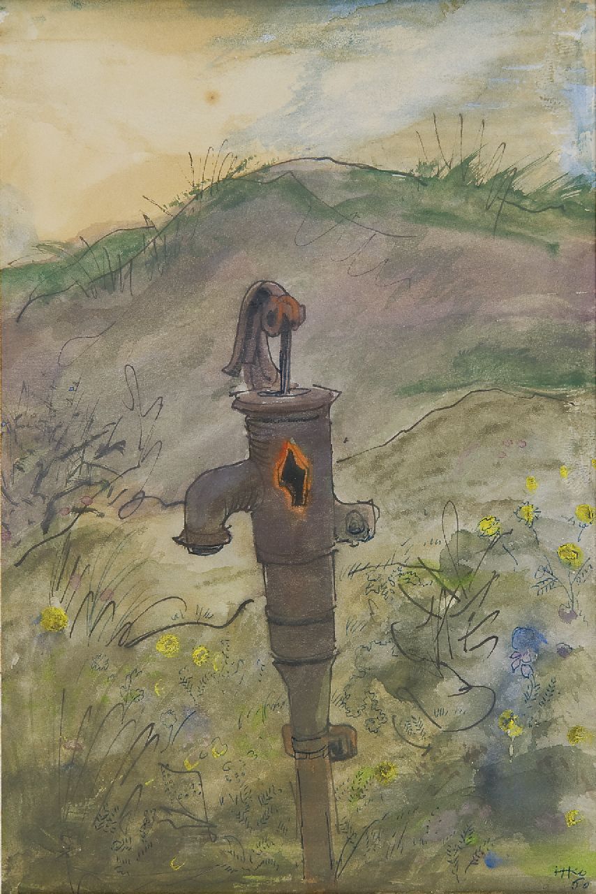 Kamerlingh Onnes H.H. | 'Harm' Henrick Kamerlingh Onnes | Aquarellen en tekeningen te koop aangeboden | Oude pomp in de duinen, Terschelling, pen, inkt en aquarel op papier 22,2 x 15,1 cm, gesigneerd rechtsonder met monogram en gedateerd '60 Kamerlingh Onnes H.H. | 'Harm' Henrick Kamerlingh Onnes | Aquarellen en tekeningen te koop aangeboden | Oude pomp in de duinen, Terschelling, pen, inkt en aquarel op papier 22,2 x 15,1 cm, gesigneerd rechtsonder met monogram en gedateerd '60