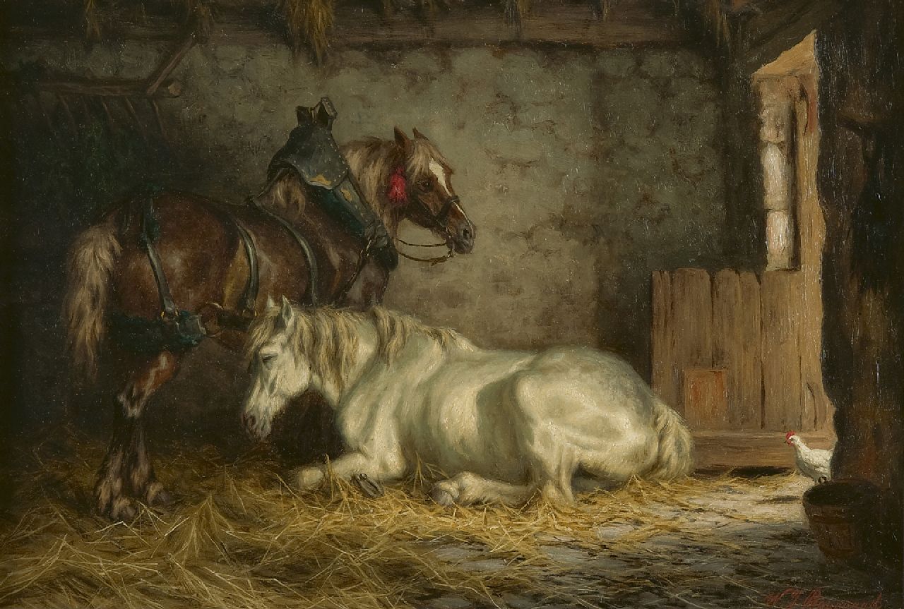 Boogaard W.J. | Willem Johan Boogaard | Schilderijen te koop aangeboden | Rustende paarden in een stal, olieverf op paneel 27,5 x 40,0 cm, gesigneerd rechtsonder Boogaard W.J. | Willem Johan Boogaard | Schilderijen te koop aangeboden | Rustende paarden in een stal, olieverf op paneel 27,5 x 40,0 cm, gesigneerd rechtsonder