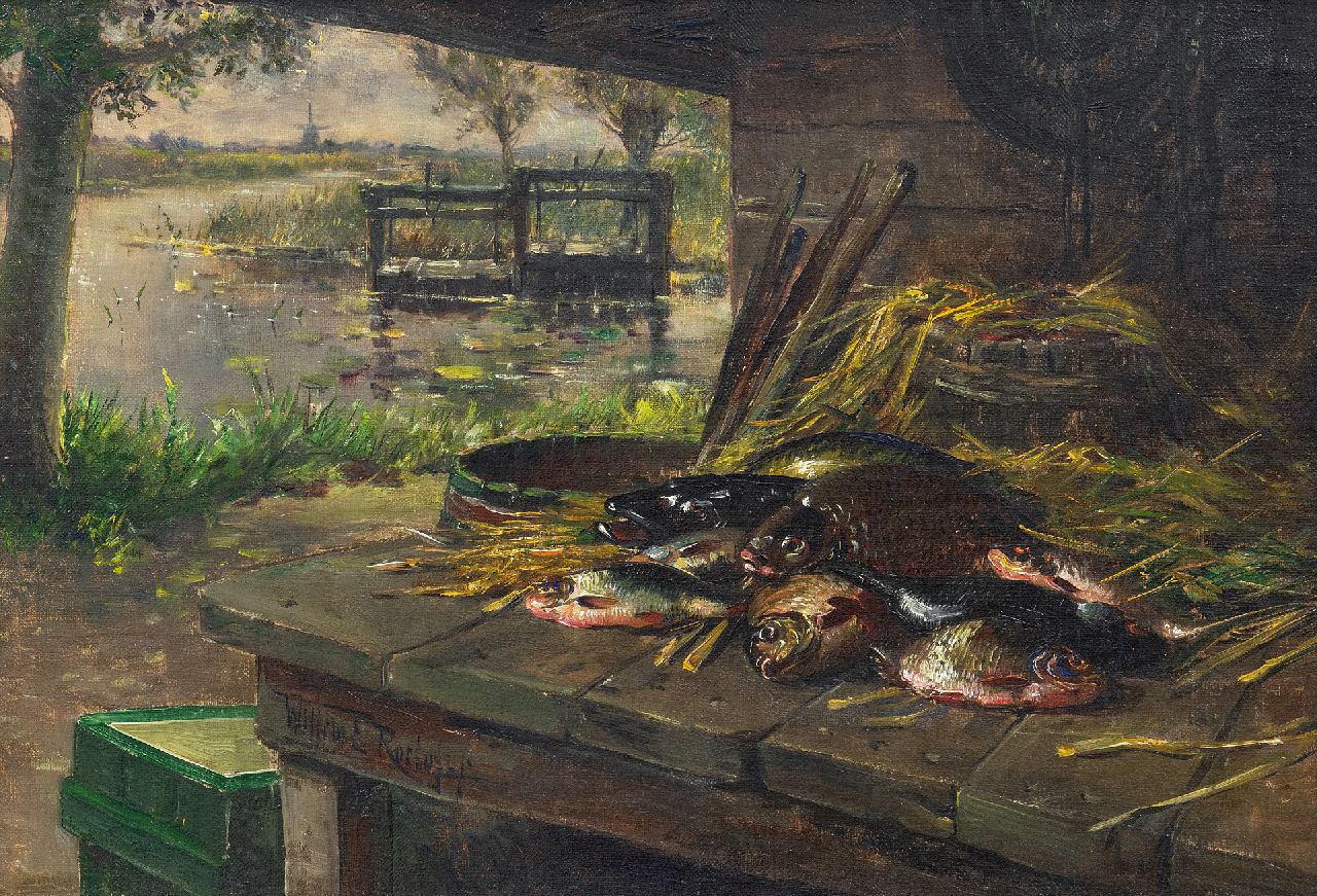 Roelofs jr. W.E. | Willem Elisa Roelofs jr., Oude vismijn aan het water, olieverf op doek 31,5 x 46,0 cm, gesigneerd linksonder op rand van de tafel Roelofs jr. W.E. | Willem Elisa Roelofs jr., Oude vismijn aan het water, olieverf op doek 31,5 x 46,0 cm, gesigneerd linksonder op rand van de tafel