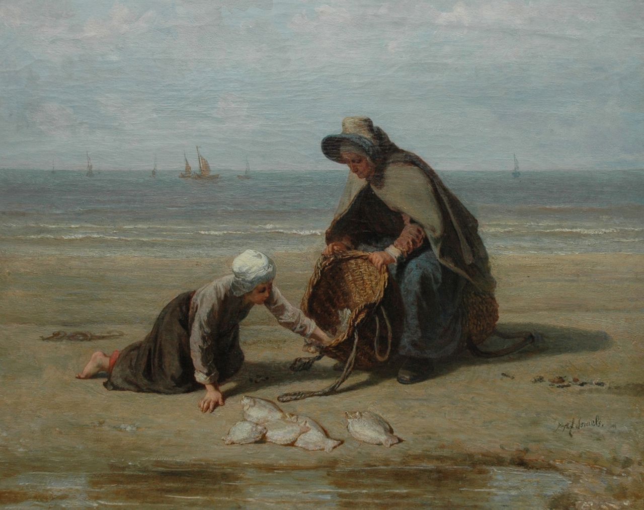 Israëls J. | Jozef Israëls, Vissersvrouw en dochter op het strand met de vangst, olieverf op doek 54,0 x 67,0 cm, gesigneerd rechtsonder Israëls J. | Jozef Israëls, Vissersvrouw en dochter op het strand met de vangst, olieverf op doek 54,0 x 67,0 cm, gesigneerd rechtsonder