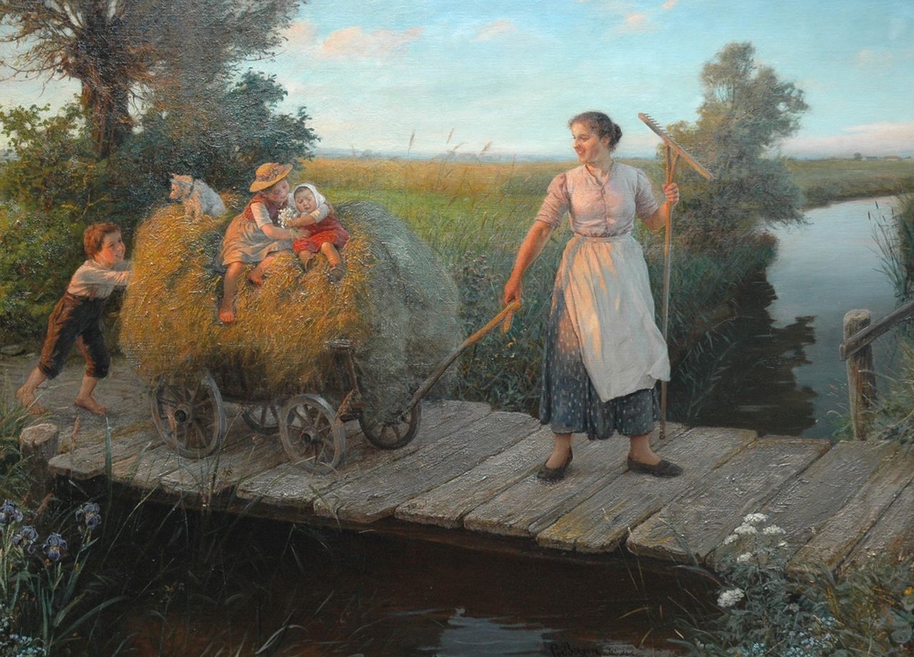 Bergen K. von | Karl von Bergen, Vrolijk huiswaarts vanaf het land, olieverf op doek 79,5 x 116,0 cm, gesigneerd middenonder Bergen K. von | Karl von Bergen, Vrolijk huiswaarts vanaf het land, olieverf op doek 79,5 x 116,0 cm, gesigneerd middenonder