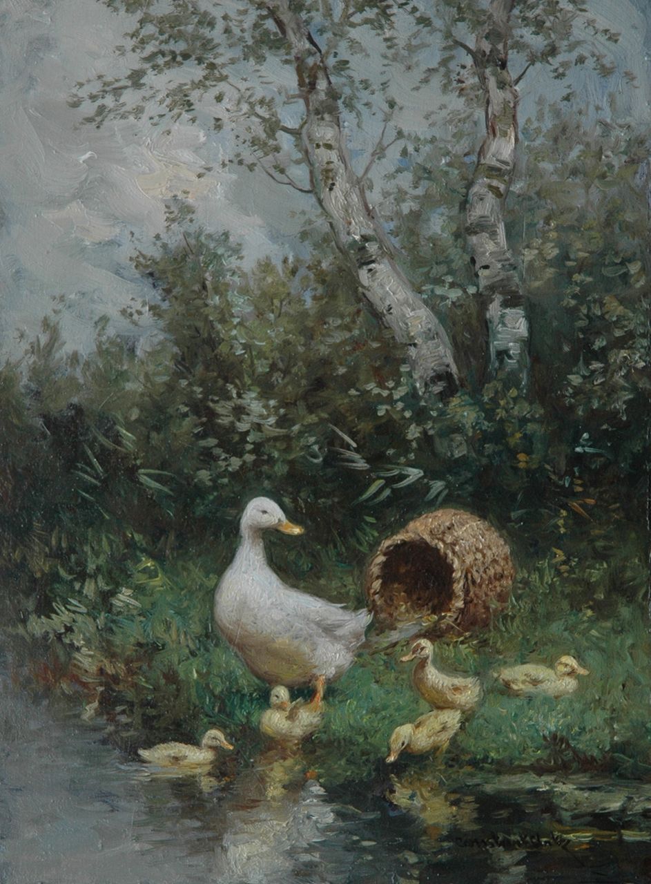 Artz C.D.L.  | 'Constant' David Ludovic Artz, Moedereend en kuikens bij een korf, olieverf op paneel 24,0 x 18,2 cm, gesigneerd rechtsonder